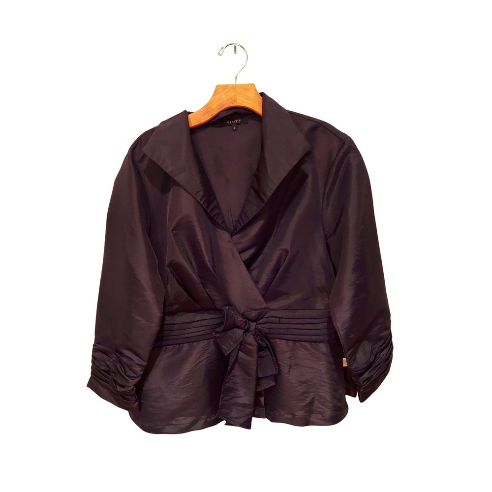 Vanity Women Black Taffeta Wrap Blouse Pleated Waist Bow 3/4 Ruched Sleeve L
